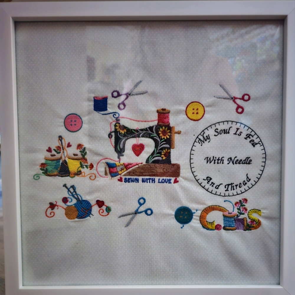 Colorful Embroidered Sewing-themed Art in White Frame